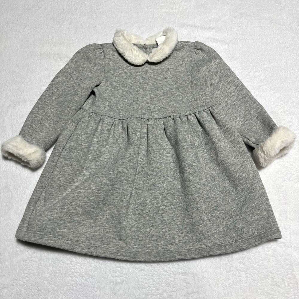 Baby GAP Toddler Girl Dress Gray Faux Fur Collar Cuff Christmas Party 18-24M